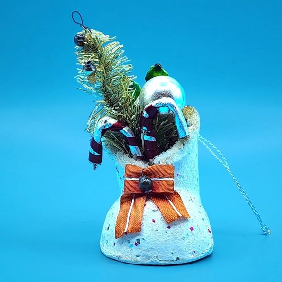 Putz Santa Boot Ornament Bottle Brush Tree Mercury Glass Beads Mica Japan 1950s - Picture 2 of 9